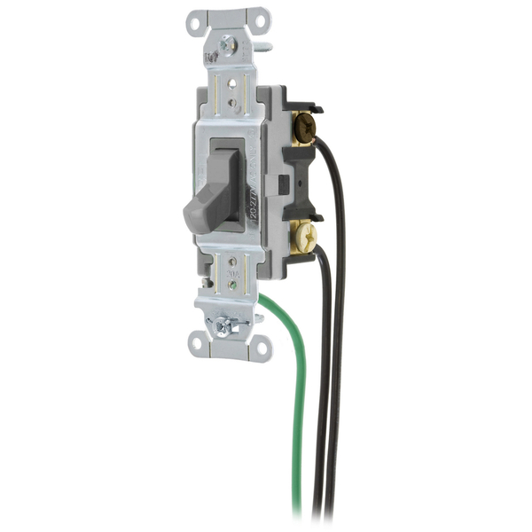 Hubbell Wiring Device-Kellems Spec Grade, Toggle Switches, General Purpose AC, Three Way, 20A 120/277V AC, Back and Side Wired, Pre-Wired with 8" #12 THHN CSL320GY